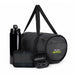 The Hustle Pack - A black duffel bag with a drink bottle, a small case, and wireless earbuds, featuring a logo.