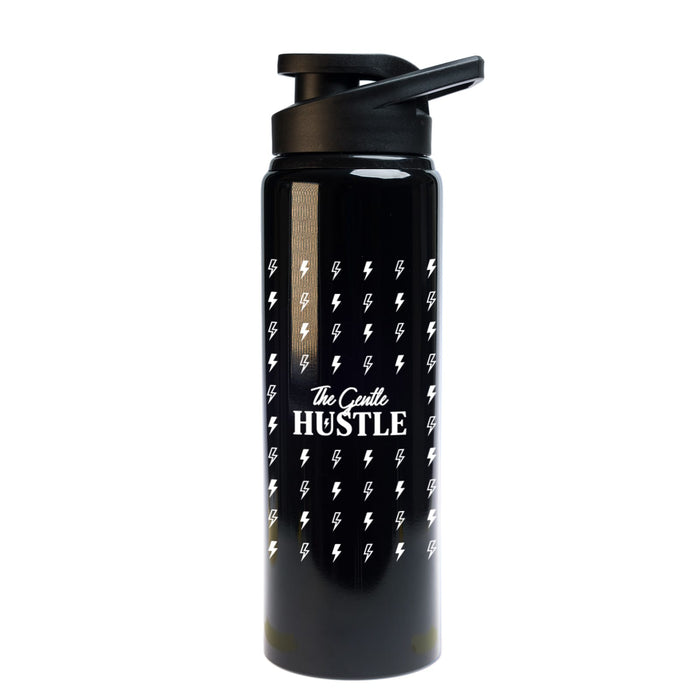 The Hustle Pack - A black drink bottle featuring a logo and a pattern of lightning bolts, with the words "The Gentle Hustle."