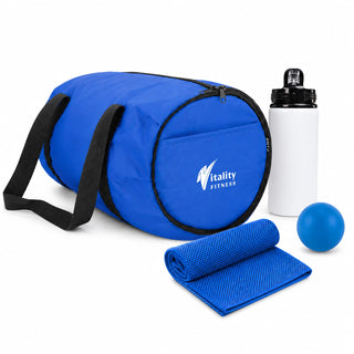 The Game Day Pack - A blue duffel bag with a drink bottle, a blue ball, and a blue fitness towel, featuring a logo on the bag.