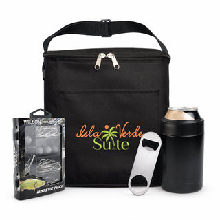 The Reel Deal - A black cooler bag with a logo, a can, a bottle opener, and a fishing tackle pack.