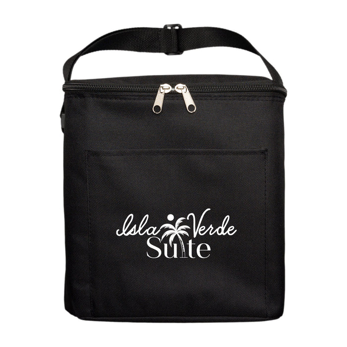 The Reel Deal - A black cooler bag with a zip closure and a front pocket, featuring a logo.