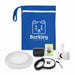 The Walkies Pack - A blue pouch contains a dog leash, bowl, soap, toy, and bone-shaped item, along with a logo.
