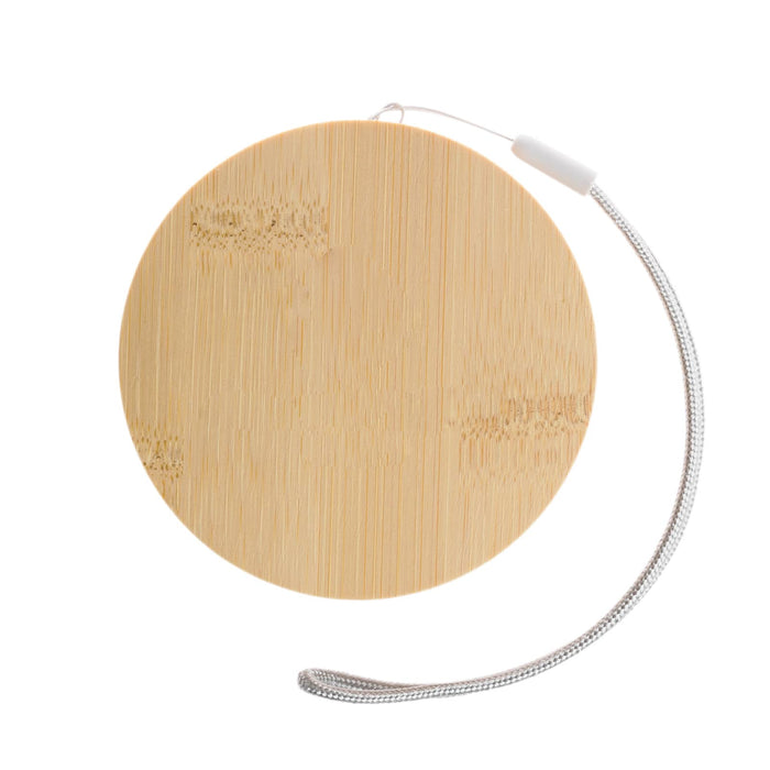 The Good Stuff Pack - A round bamboo product with a silver attachment cord, showcasing a natural wood finish.