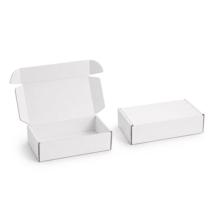 Custom Box with Locking Lid 290 x 175 x 60mm - A white cardboard box with a locking lid, measuring 290 x 175 x 60mm, displayed open and closed.