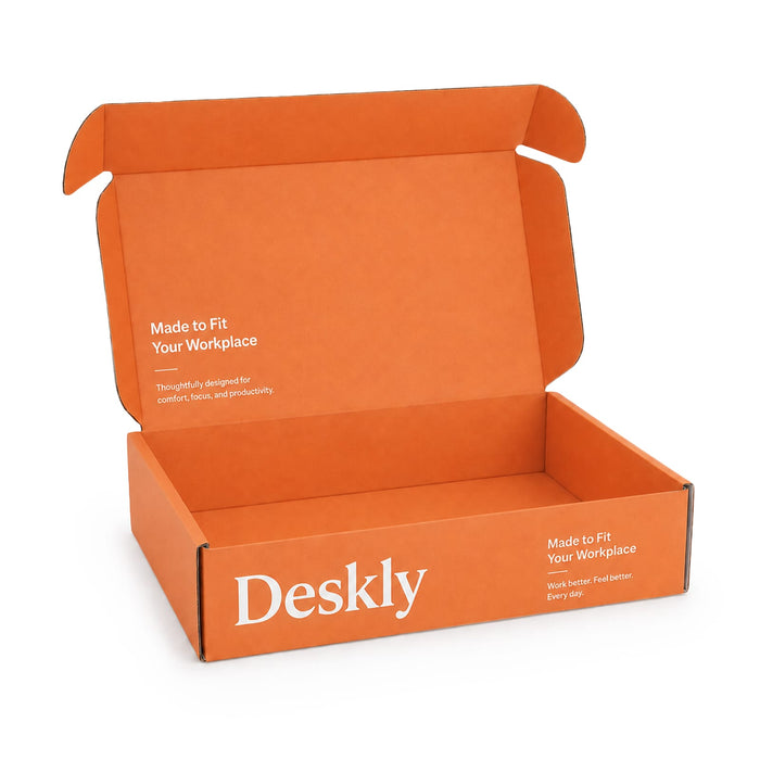 Custom Box with Locking Lid 300 x 210 x 70mm - An open orange box with a locking lid, featuring a logo on the side, measuring 300 x 210 x 70mm.