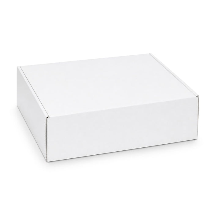 Custom Box with Locking Lid 360 x 305 x 105mm - A white box with a locking lid, measuring 360 x 305 x 105mm. It features a logo on the side.