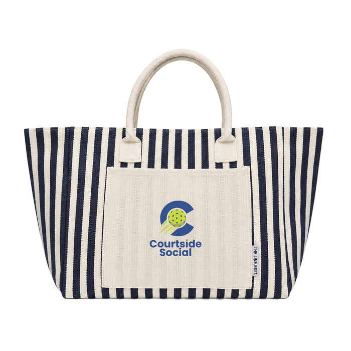 The Play & Graze - A striped tote bag in navy and cream with a front pocket and a logo.
