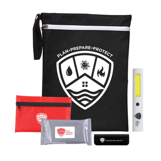On-the-Go Emergency Pack - A black pouch contains a flashlight, a red pouch, a silver pack, and a black item, featuring a logo.