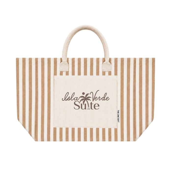 The Sun & Sip Gift Set - A striped tote bag in beige and brown with a central cream panel and a logo on it. Handles for easy carrying.