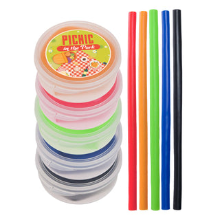 Silicone Straw in Case - A stack of colorful silicone straws in a case with a lid, featuring six straws in green, red, blue, black, and orange.