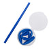 Silicone Straw in Case - A blue silicone straw is curled inside a round white case, with a straight blue straw resting beside it.