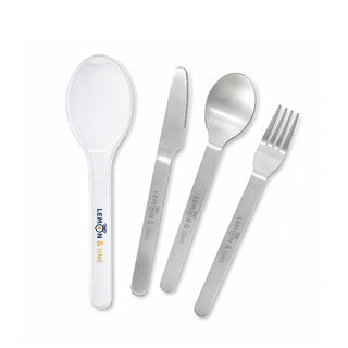 Juniper Cutlery Set - A cutlery set featuring a spoon, knife, fork, and a clear case, all in sleek silver with branding on the spoon.