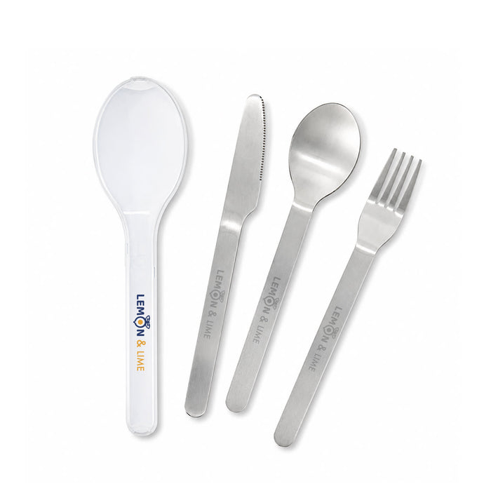 Juniper Cutlery Set - A cutlery set featuring a spoon, knife, fork, and a clear case, all in sleek silver with branding on the spoon.