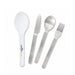 Juniper Cutlery Set - A cutlery set featuring a spoon, knife, fork, and a clear case, all in sleek silver with branding on the spoon.