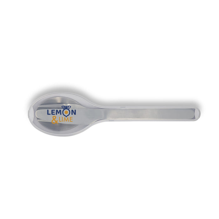 Juniper Cutlery Set - A stainless steel spoon with a colourful logo featuring "Lemon & Lime." The spoon has a sleek design.
