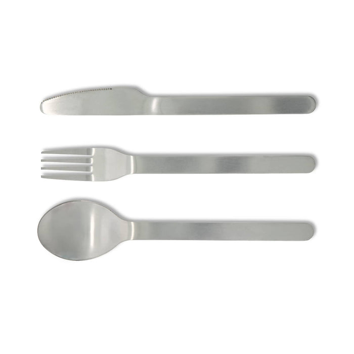 Juniper Cutlery Set - A stainless steel cutlery set featuring a knife, fork, and spoon. The design is sleek and minimalistic.