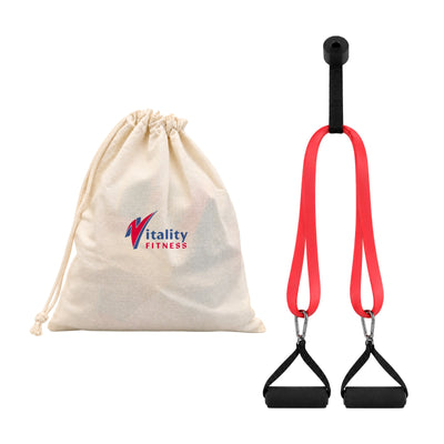 Anywhere Resistance Fitness Set - A red resistance band set with black handles, accompanied by a cream drawstring bag featuring a logo.