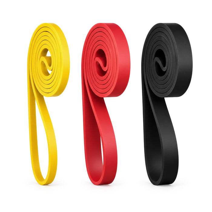 Anywhere Resistance Fitness Set - A set of three resistance bands in yellow, red, and black, coiled neatly with a logo on each band.