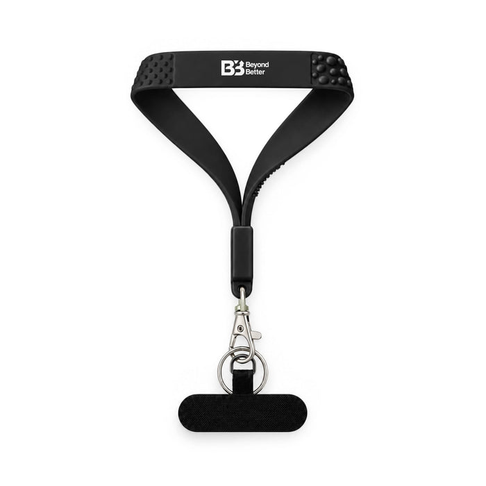 Wrist Tactile Phone Holder Keytag - A black wrist holder with tactile grip features, a metal clip, and a keyring attachment. Features a logo.