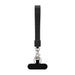 Wrist Tactile Phone Holder Keytag - A black wrist keytag with a textured grip and a metal clip for attachment, featuring a small branding logo.