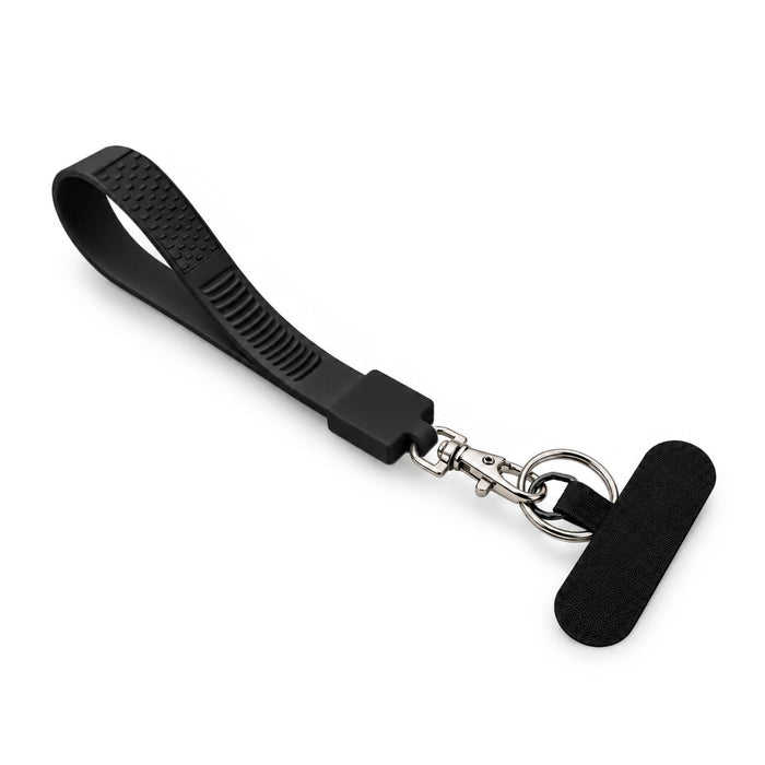 Wrist Tactile Phone Holder Keytag - A black wrist strap featuring a tactile surface, attached to a keyring and clasp for secure hold.