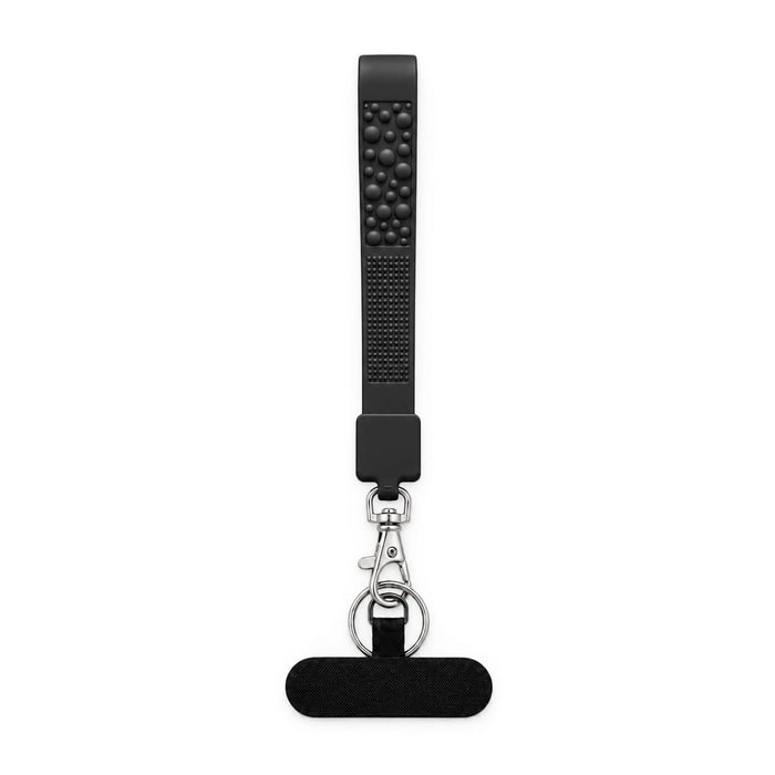 Wrist Tactile Phone Holder Keytag - A black wrist tactile phone holder keytag featuring a textured grip and a metal clasp for attachment.