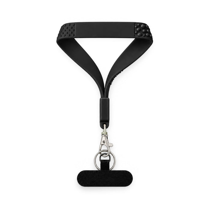 Wrist Tactile Phone Holder Keytag - A black wrist strap with tactile surface and a keytag attachment for holding a phone.