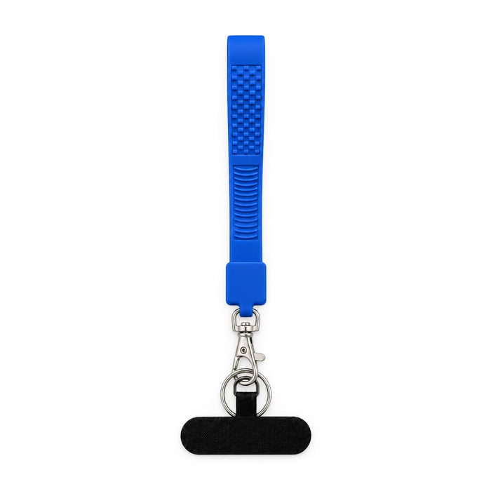 Wrist Tactile Phone Holder Keytag - A blue wrist tactile phone holder keytag with a textured grip and a metal clip for attachment.