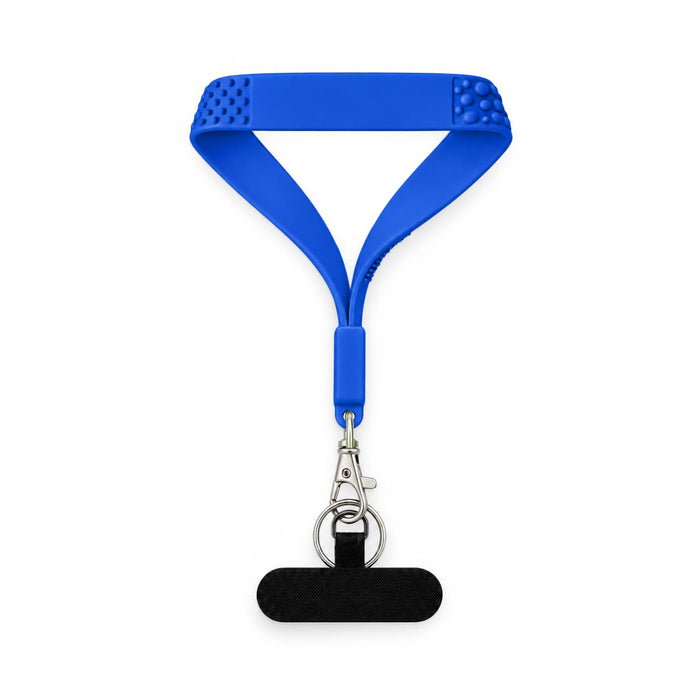 Wrist Tactile Phone Holder Keytag - A blue wrist strap with a tactile texture and a keyring attachment. It features a simple design and a clip.