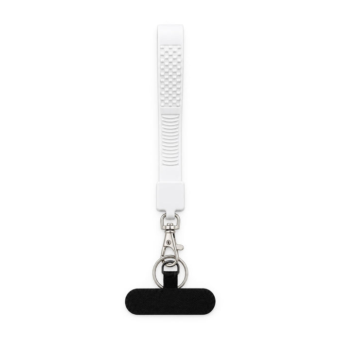 Wrist Tactile Phone Holder Keytag - A white wrist strap keytag with a textured grip, featuring a metal clip and a circular keyring.