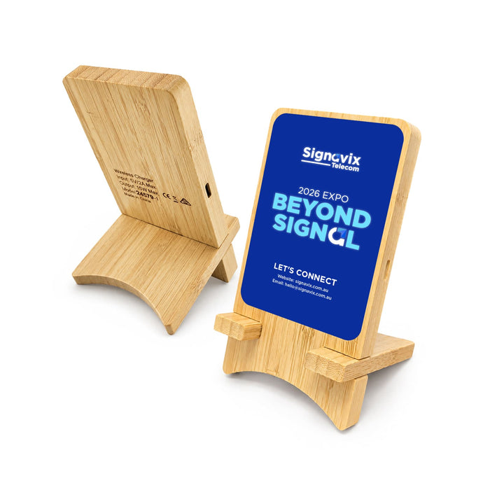 Oscar Illuminating Charging Stand - A bamboo phone stand with a blue display area, featuring a logo and promotional text.