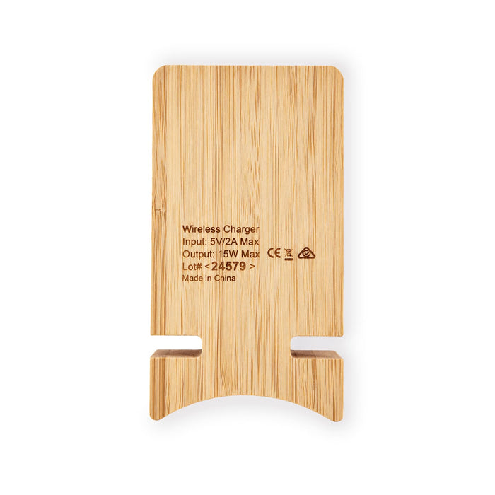 Oscar Illuminating Charging Stand - A bamboo wireless charging stand with a sleek design and a natural finish. It has a logo and specifications on the back.