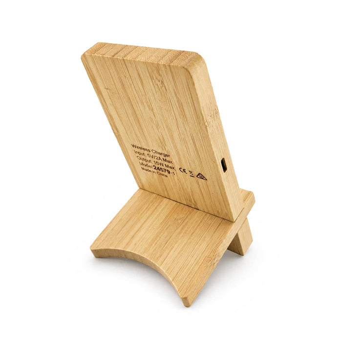 Oscar Illuminating Charging Stand - A bamboo charging stand with a curved base and a slot for a device. It has a small port on the side.