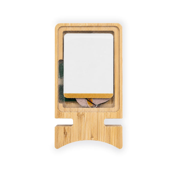 Oscar Illuminating Charging Stand - A bamboo charging stand with a rectangular surface and an electronic base, featuring a simple design and one logo.