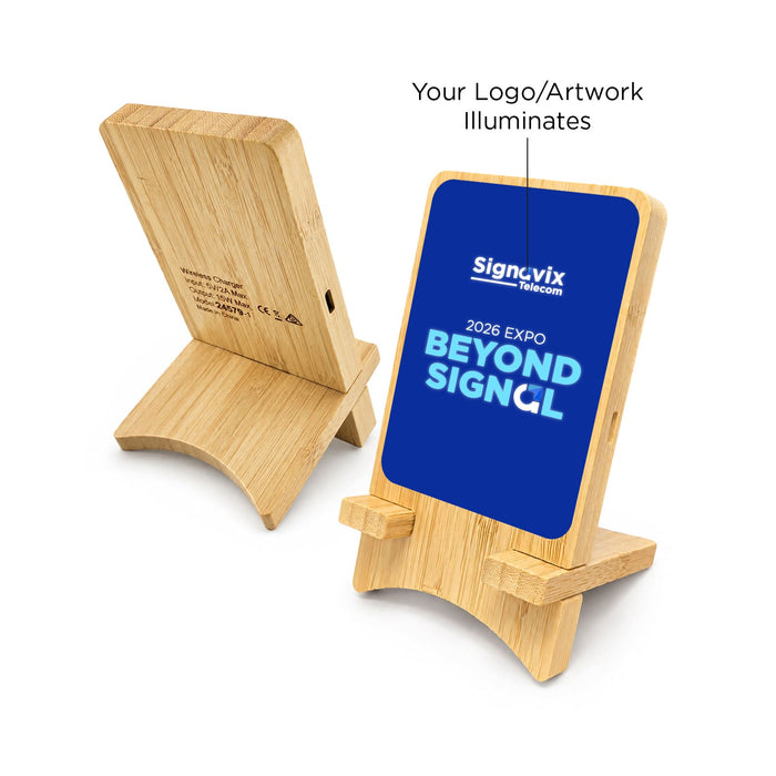 Oscar Illuminating Charging Stand - A bamboo phone stand, featuring a blue illuminated panel, with a logo area and a simple design.