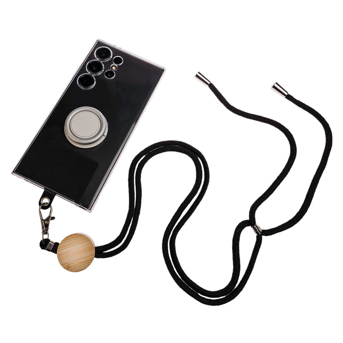 Shadow Phone Neck Lanyard - A black phone neck lanyard with a wooden bead and a phone holder attachment, designed to secure a smartphone.