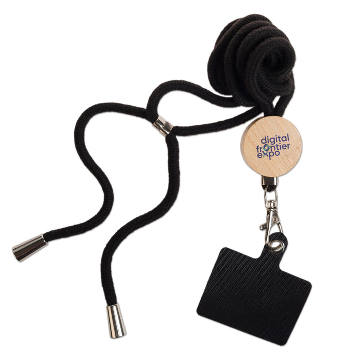 Shadow Phone Neck Lanyard - A black neck lanyard with a logo tag and a clip for holding a card or item.
