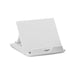 Glide Phone Stand - A white phone stand with an adjustable angle and a slot for phone placement. It features a simple design and a logo.