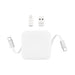 The Polished Traveller - A retractable charging cable in white, with USB and Lightning connectors, and a compact design.