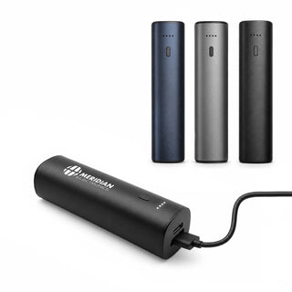Symbolique 5,000mAh Power Bank - A power bank in black, grey, and navy blue, featuring a logo and a USB cable connected for charging.