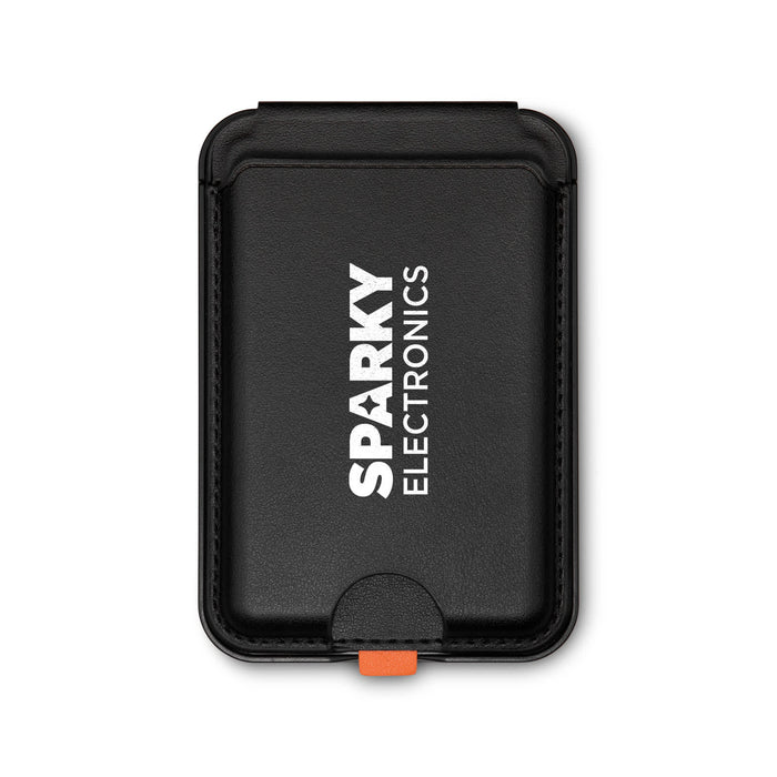 Cozy Phone Wallet - A black Cozy Phone Wallet with a logo, featuring a secure closure and a contrasting orange accent.