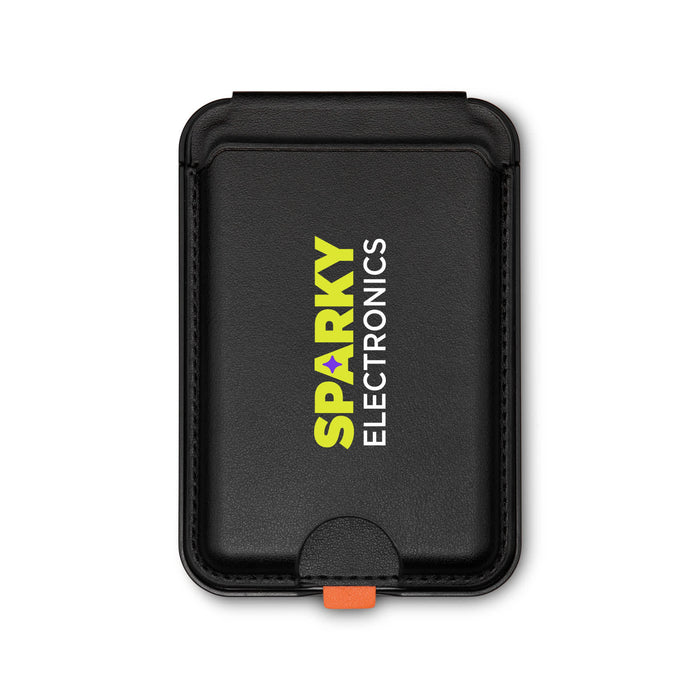 Cozy Phone Wallet - A black phone wallet featuring a logo, designed to hold cards and small items securely.