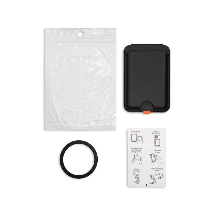 Cozy Phone Wallet - A black phone wallet with a plastic protective sleeve, a black ring, and an instruction card.