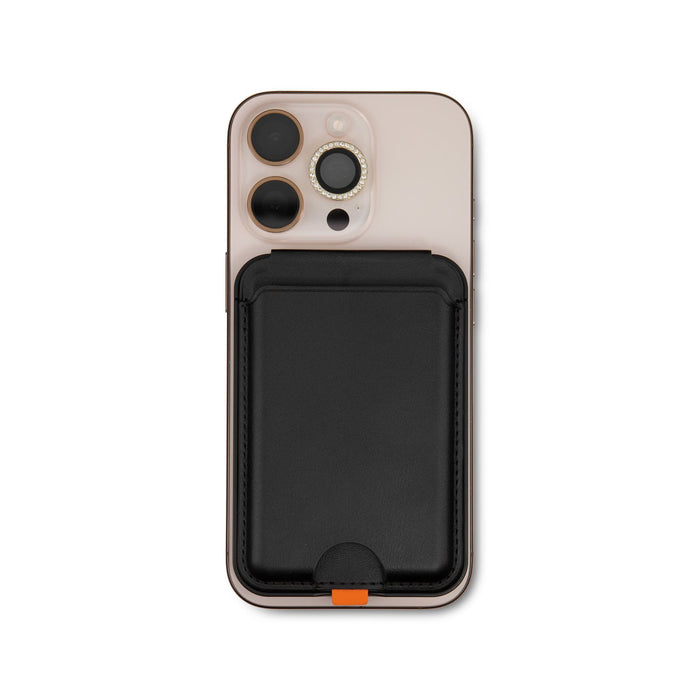 Cozy Phone Wallet - A mobile phone in a pink case with a black wallet attached to the back. The wallet features a logo.
