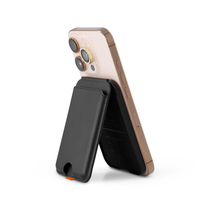 Cozy Phone Wallet - A smartphone in a black Cozy Phone Wallet, showcasing a sleek design with a stand feature.