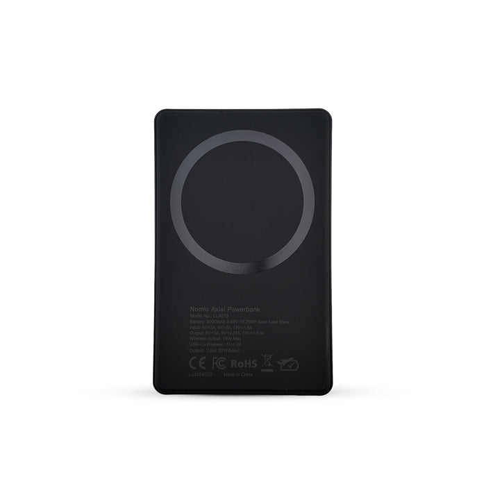 Axial by Nomis Solid State Power Bank - A black solid state power bank with a circular design feature and branding on the back.