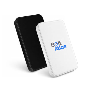 Dynamo Solid State Power Bank - A solid state power bank in black and white, featuring a logo on the front.