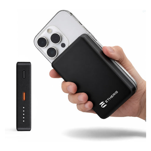 Axial by Nomis 10,000mAh Solid State Power Bank - A black solid-state power bank is held next to a smartphone, featuring a small LED indicator and a logo.
