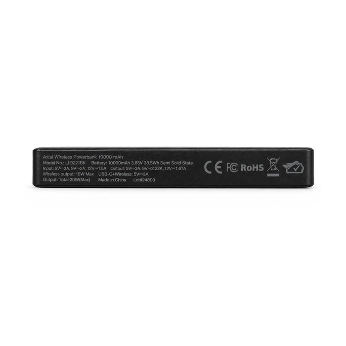 Axial by Nomis 10,000mAh Solid State Power Bank - A solid black power bank with a compact design, featuring a logo and technical specifications on one side.