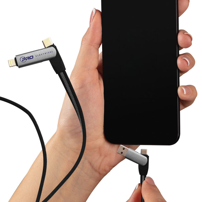 Volt Combo Cable - A hand holds a Volt Combo Cable with multiple connectors, plugging into a smartphone. The cable features a sleek design and a logo.